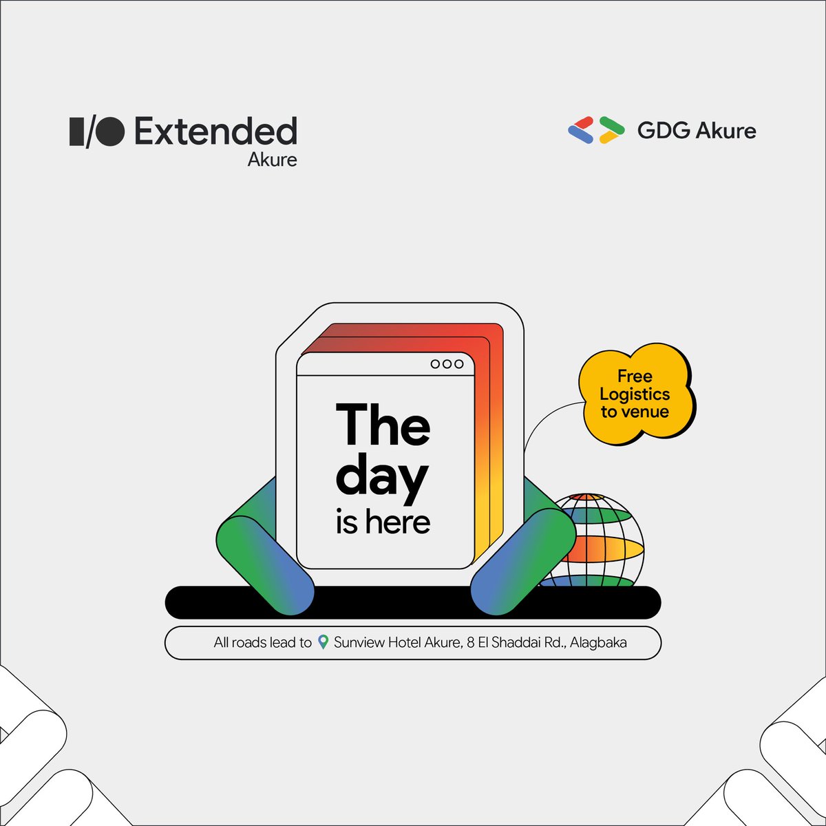 gdg_akure's tweet photo. The long awaited day is hereee!!!
Drum rolls pleaseee ๐ฅ ๐ฅ
See you all at Sunview Hotel in Alagbaka by 11am ๐
We canโt wait to host you! ๐จโ๐ณ
#IOExtendedAkure #GDGAkure https://t.co/npDzrpfEPt