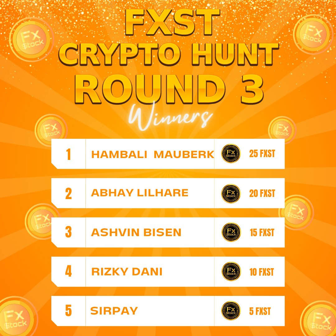 fxsttoken's tweet photo. 🎉 Congratulations to our 5 FXST Crypto Hunt round 3 Winners! 🥳
Check your email soon to complete the process and claim your rewards.
Stay tuned!
#FXST #fxStock #Fxsttoken #fxstcryptohunt #fxstcryptohuntwinners #fxstgivaway #CryptoRewards #cryptoairdrop #cryptomarket #CryptoCommunity #CryptoNews