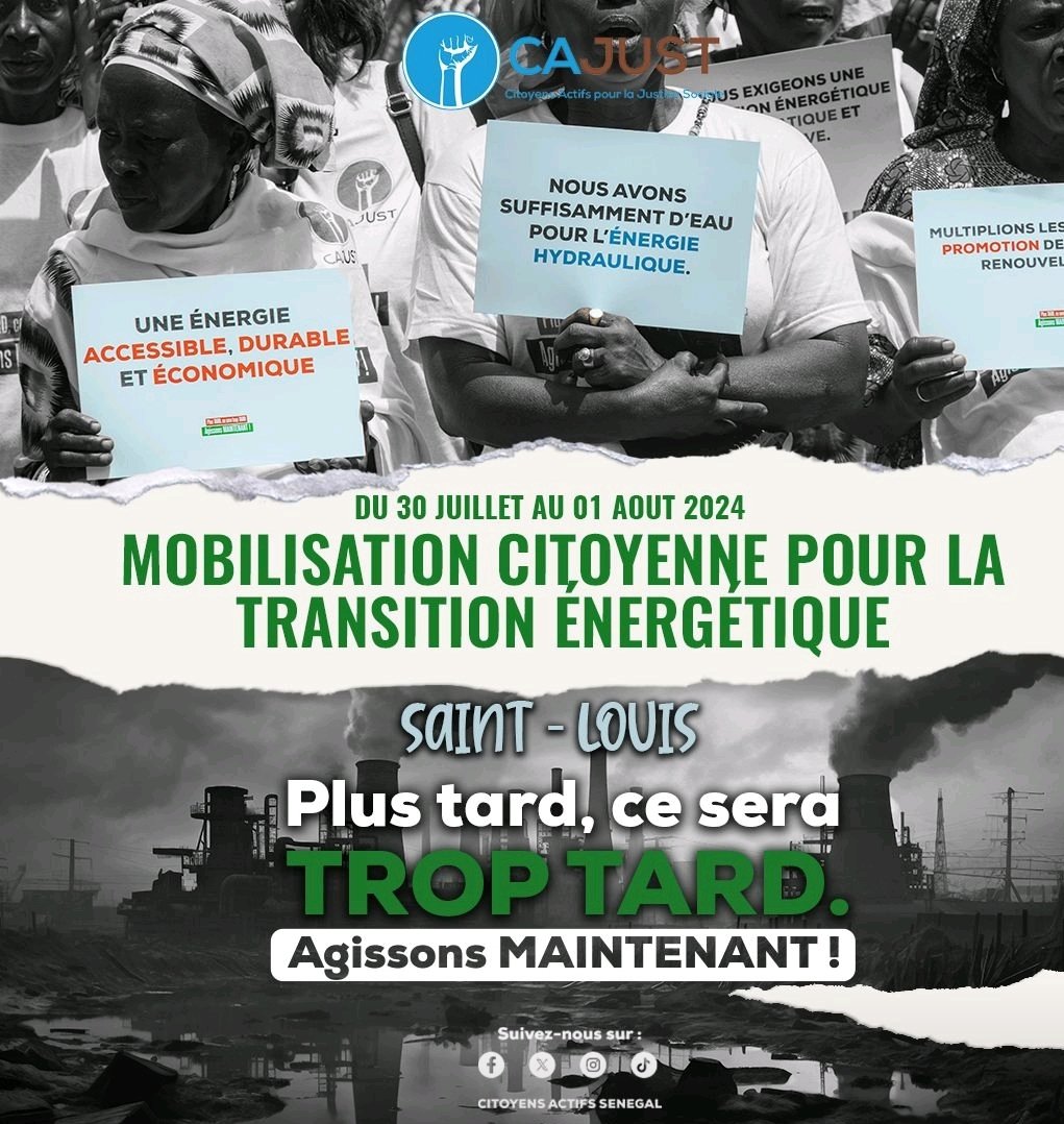 CODOU LOUME (@codou_loume) on Twitter photo #Plustard,ce sera #Troptard
#mobilisationcitoyenne
#transitionénergétique
#SaintLouis
<a href="/cajust_sn/">CAJUST - Citoyens Actifs</a> #Plustard,ce sera #Troptard
#mobilisationcitoyenne
#transitionénergétique
#SaintLouis
<a href="/cajust_sn/">CAJUST - Citoyens Actifs</a>