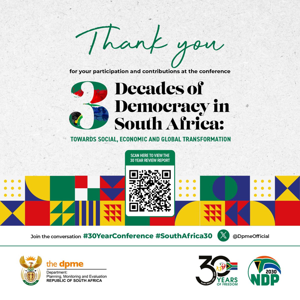 DpmeOfficial's tweet photo. Thank you for your participation &amp; contributions at the #30YearsOfDemocracy Conference.

@PMashatile @Pinky_Kekana1 @ThuliMadonsela3 @ProfTinyiko @AuditorGen_SA @WitsUniversity @eldridjordaan @cy_chigwenya @NYDARSA @StatsSA @CSIR @the_dtic @NEDLAC_SA @DIRCO_ZA 

#30YearConference https://t.co/i3Zv2WU3yd