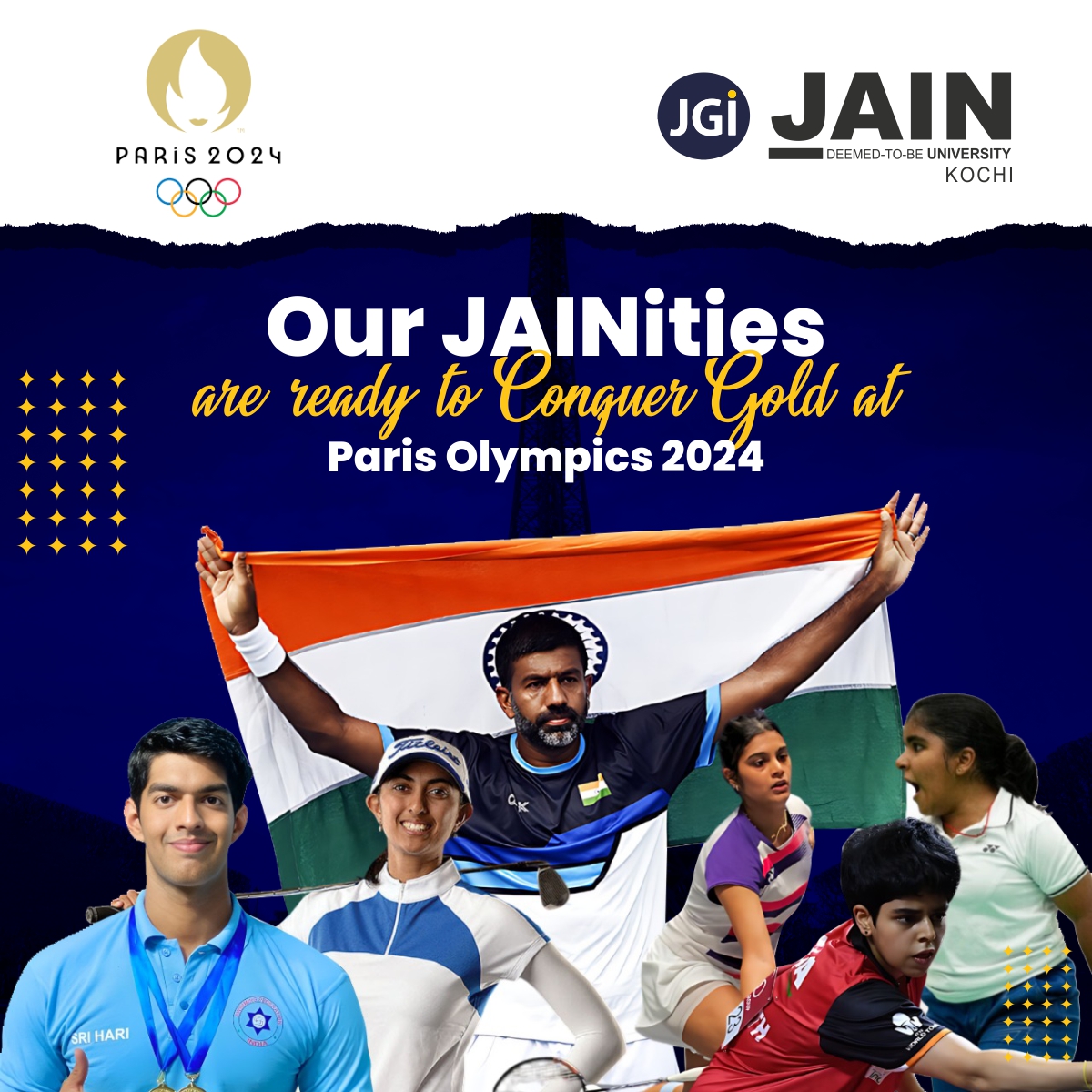 jain_kochi's tweet photo. Our JAINites are all set to clinch Gold for India at Paris Olympics 2024!

We are pleased to announce that six of our esteemed alumni and students will be representing our nation at the Paris Olympics 2024! 

#parisolympics2024 #parisolympics #india #jainuniversity https://t.co/49HsDRrlfE