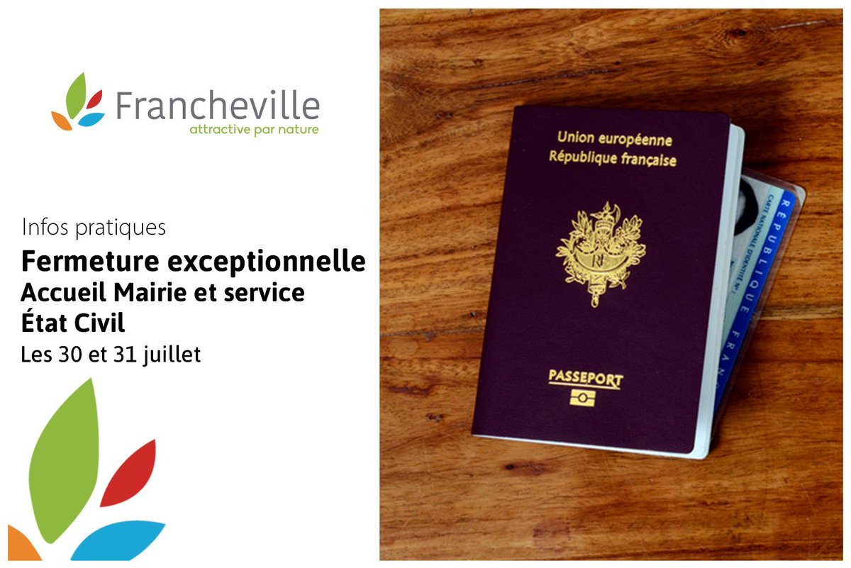 [INFOS PRATIQUES]

⚠️ L'accueil de la Mairie et le service État Civil seront exceptionnellement fermés les mardi 30 et mercredi 31 juillet ⚠️