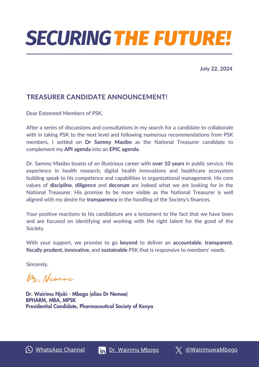 WairimuwaMbogo's tweet photo. After a series of discussions and consultations in my search for a candidate to collaborate with in taking @PSofKenya to the next level and following numerous recommendations from members, I settled on Dr Sammy Masibo as the National Treasurer candidate to complement my agenda. https://t.co/Yl1a6HnJMa