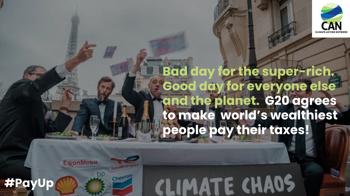 For the first time, G20 governments have agreed on the need to tax the super-rich for the benefit of everyone else and planet. 

⛵️🛩️💰World's wealthiest: it's time to #PayUp your taxes!

CAN's reaction ⬇️
climatenetwork.org/2024/07/27/g20…