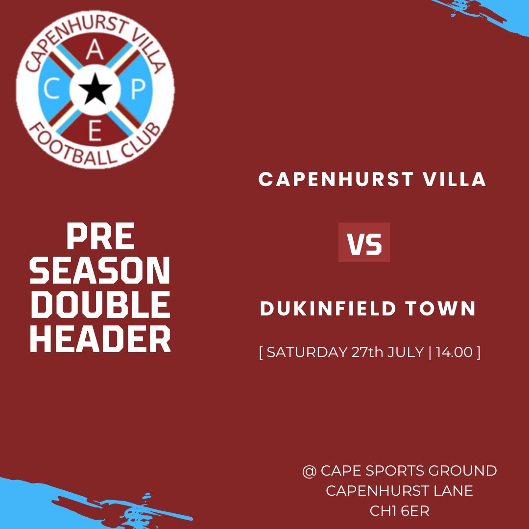 Capenhurstvillafc (@capevillafc) on Twitter photo Today we welcome 2 teams from <a href="/DukiTownYouthFC/">Dukinfield Town & Youth FC</a>.
Both games 2pm KO at the Cape.
Last games before the season starts next Saturday Today we welcome 2 teams from <a href="/DukiTownYouthFC/">Dukinfield Town & Youth FC</a>.
Both games 2pm KO at the Cape.
Last games before the season starts next Saturday