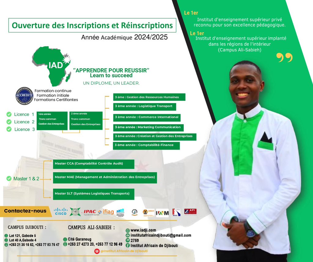 LiveDjib's tweet photo. Ouverture des Inscriptions et Réinscriptions
Année Académique 2024/2025

CAMPUS DJIBOUTI :
© Lot 121, Gabode 5
Lot 40 A,Gabode 4
+253 21 35 15 62, +253 77 83 76 47

CAMPOS ALI-SABIEH :
https://t.co/45T0fkBLTn
institutafricaindjibouti@gmail.com
Cité Garanoug

+263 27 4273 20, +263 77 12 96 49
#Djibouti