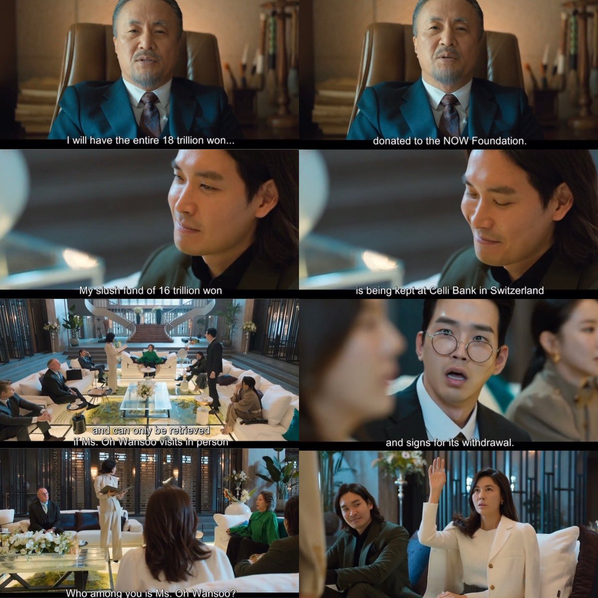 InASubBubble's tweet photo. The dad f#%ked them all he left all the money to the Foundation &amp; Wansoo ended up the richest of them all🤣🤣
The husband is smiling he’s happy for her everyone else now really wants her dead🤣
#RedSwan #RedSwanEp8

The reveal                                   The reaction https://t.co/5rPIaOIZ8b