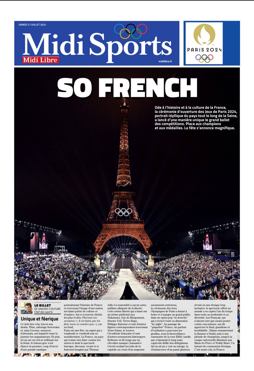 Fierté d’être Français !
Fier de la France !
Et fier des équipes de Midi Libre pour ce nouveau cahier de 12 pages !
<a href="/Midilibre/">Midi Libre</a> <a href="/DominiqueMerca6/">Dominique Mercadier</a>