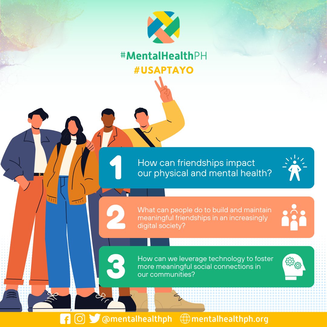 mentalhealthph's tweet photo. "Life is Better With Friends: Why Meaningful Connections Matter More Than Ever"

Tara, #UsapTayo on July 30, 7PM. 

Read More: https://t.co/KCI6h7KVyG

#MentalHealthPH https://t.co/C1GW2o4emu
