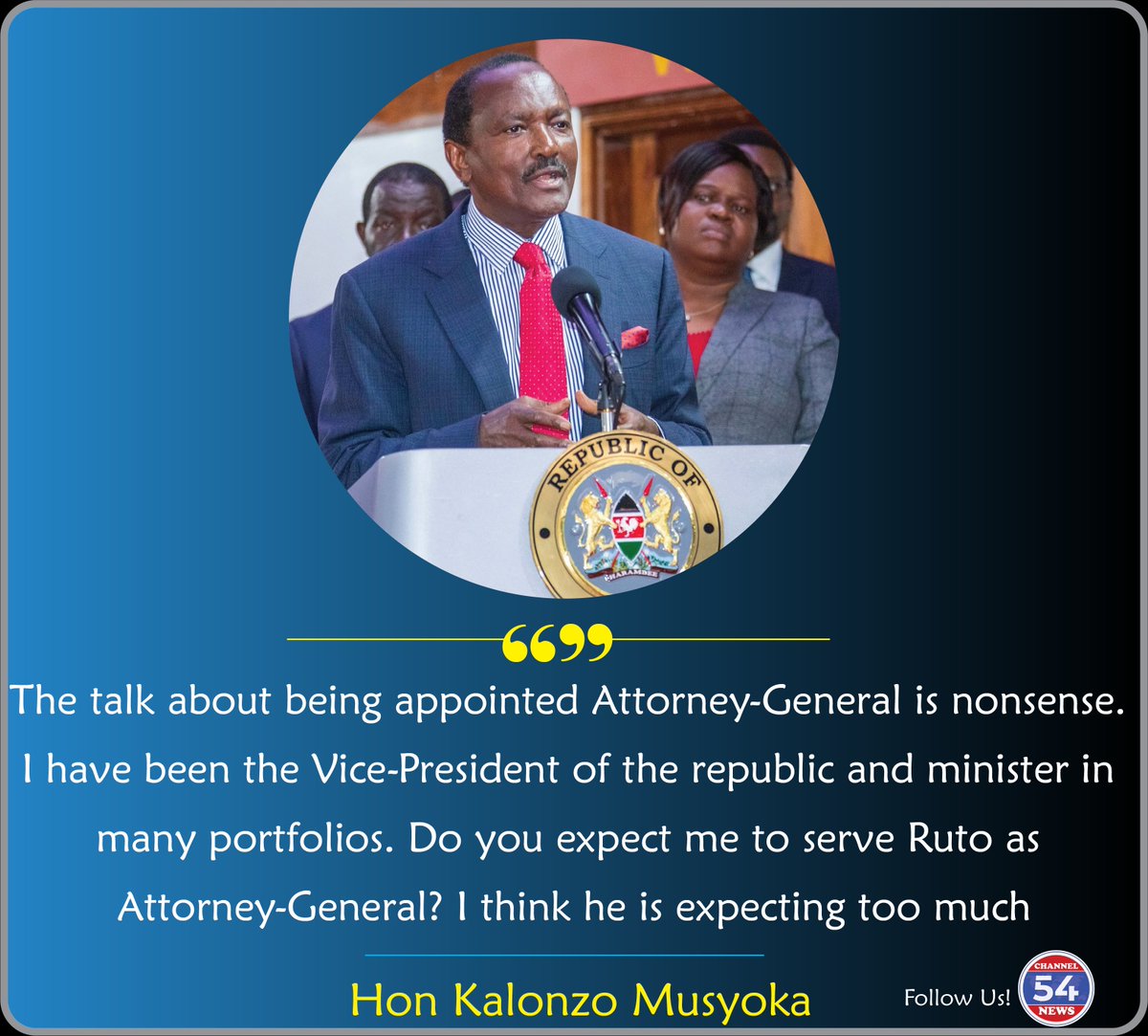 Channel254News's tweet photo. KENYA:

#POLITICS

Hon Kalonzo Musyoka: I cannot serve President Ruto as Attorney-General. I think he is expecting too much. https://t.co/F0HHuwyvfQ