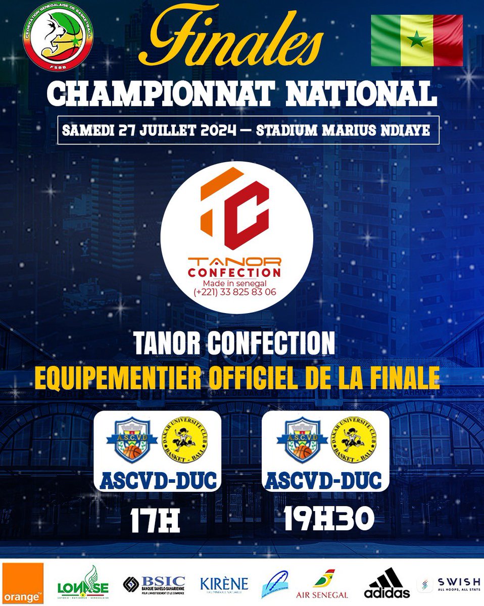 🚨 GAME DAY 🔥

FINALES DU CHAMPIONNAT NATIONAL HOMMES ET DAMES 

MARRAINE Mme KHADY DIÈNE GAYE MINISTRE DES SPORTS 

📅 SAMEDI 2️⃣7️⃣ JUILLET 2024 
🏟️STADIUM MARIUS NDIAYE 

17H00: ASVD — DUC ( DAMES) 
19H30: ASVD — DUC (HOMMES)

Rendez-Vous au STADIUM MARIUS NDIAYE 

#basketball