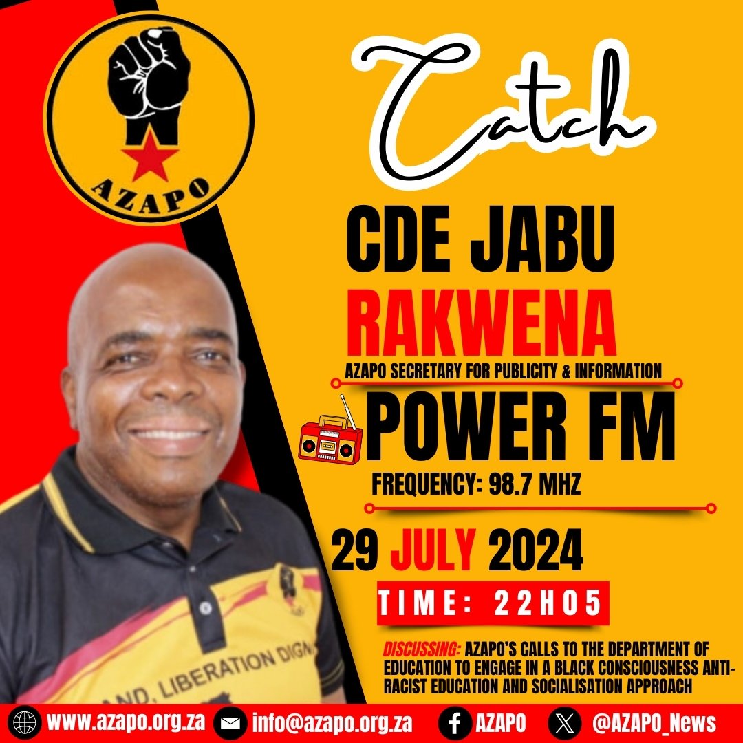 AZAPO_News's tweet photo. Catch AZAPO Spokesperson @JabuRakwena as he unpacks AZAPO’s calls to the Department of Education to engage in a Black Consciousness anti-
racist education and socialisation approach following the incident from Pretoria Girls High. https://t.co/yAQgQPwq4F
