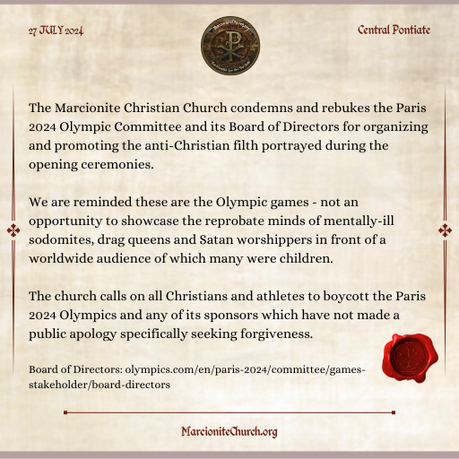 MarcioniteChurc's tweet photo. Marcionite Christian Church (https://t.co/4uF0rkJs1Z) calls for a worldwide boycott of the 2024 Paris Olympics and recommends the games be canceled immediately.
#olympics #BoycottOlympics #shun #cancel
https://t.co/BVLqm63W2P https://t.co/ShHXmpwa93