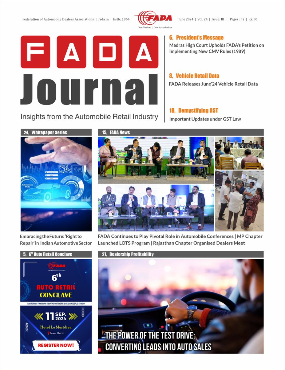 FADA_India's tweet photo. FADA Journal - June'24 issue is out...
Happy Reading!!
https://t.co/D1AtIJZtxA
#Journal #AutoNews #Magazine #AutoJournal #ONOA https://t.co/G4Nqhtvy0O