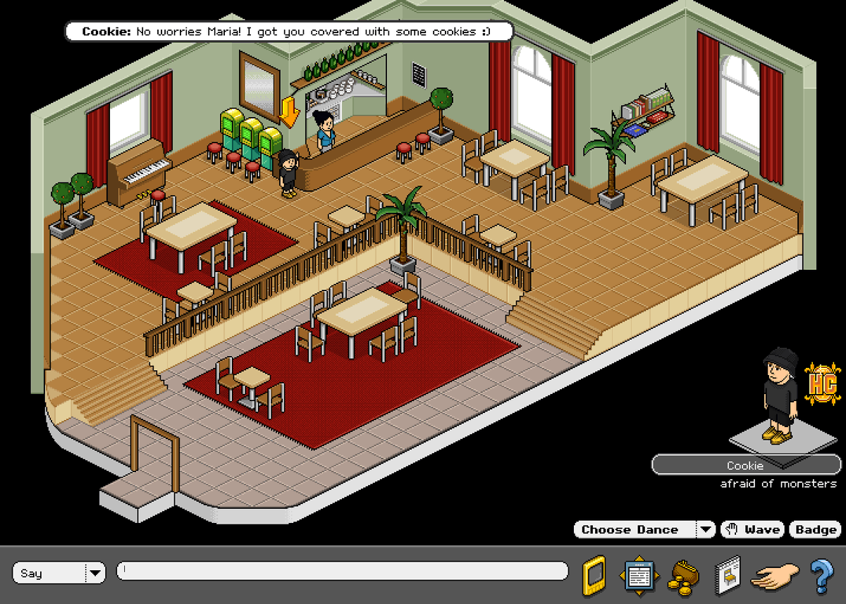 baloesoe's tweet photo. @HabboOrigins 

Maria was having a lonely time at Cafe Ole, so I brought her some Cookie(s)! https://t.co/0bKRxVvcHJ
