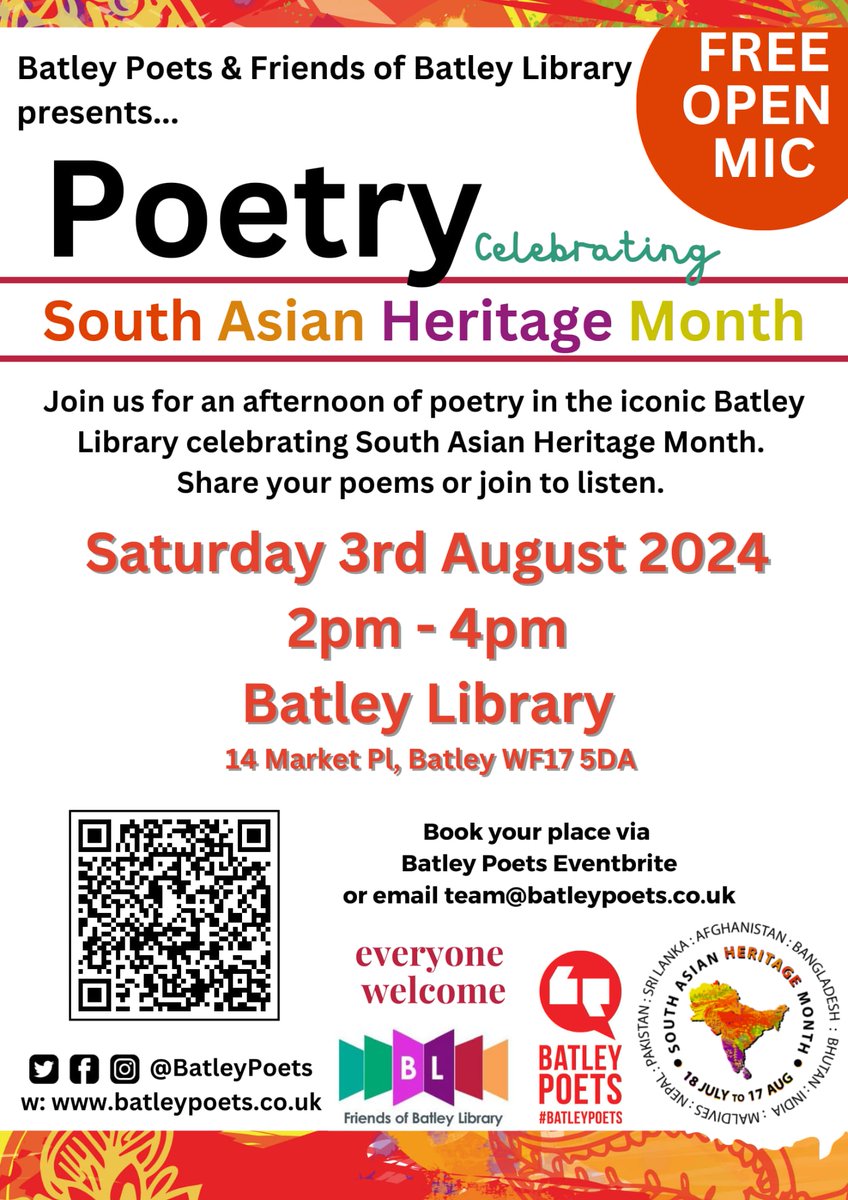 Batley Poets (@batleypoets) on Twitter photo Join us next Saturday for our South Asian Heritage Month Poetry Open Mic.
Everyone's welcome to share poetry or have a cup of tea and listen. There might even be cake.
SAHMPoetry.eventbrite.co.uk
<a href="/FriendsBatleyL/">Friends of Batley Library</a> #SAHM Join us next Saturday for our South Asian Heritage Month Poetry Open Mic.
Everyone's welcome to share poetry or have a cup of tea and listen. There might even be cake.
SAHMPoetry.eventbrite.co.uk
<a href="/FriendsBatleyL/">Friends of Batley Library</a> #SAHM