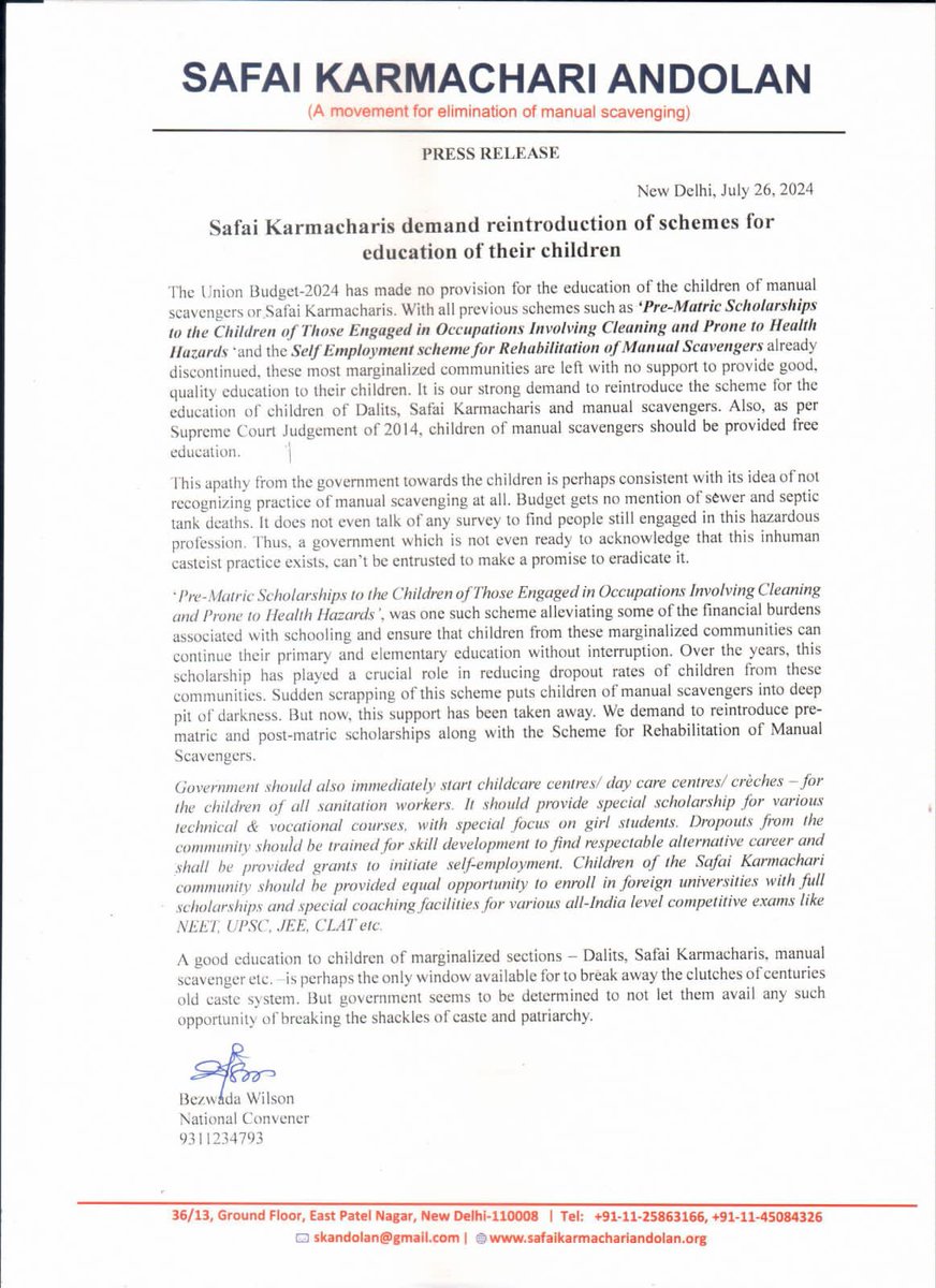 Safai Karmacharis demand - Reintroduction of Education schemes for children #DalitLivesMatter #StopKillingUs #CasteOutCaste