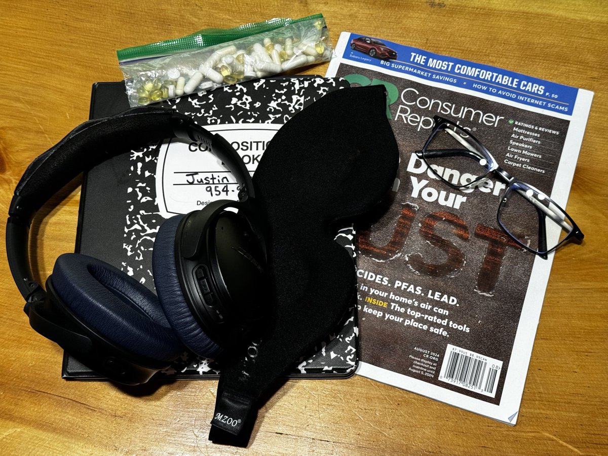 The first things you pack for an overnight trip after 40…

Sleep mask
Noise canceling headphones
Reading glasses
Kindle
Pills (magnesium &amp; melatonin)

Because sleep.