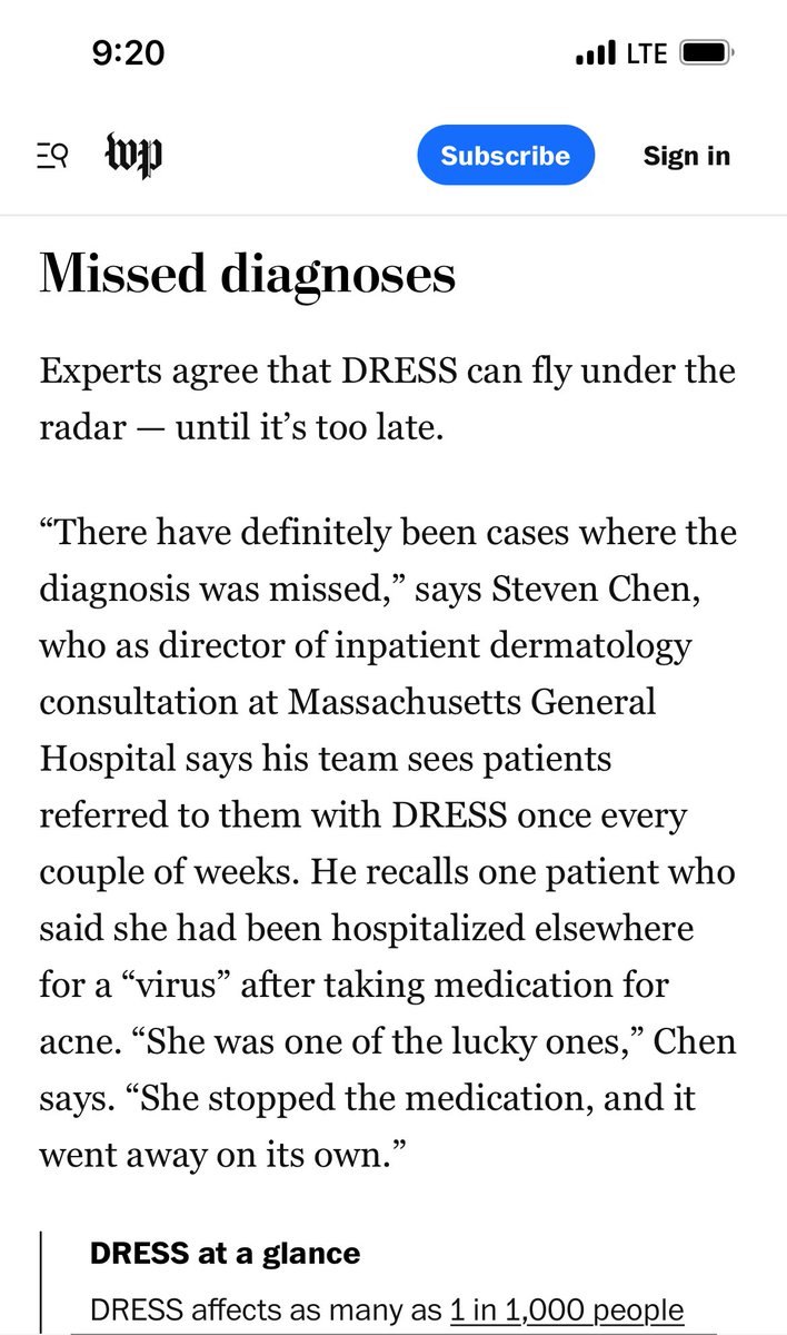 An honor to be interviewed for this <a href="/washingtonpost/">The Washington Post</a> piece on DRESS. 

It’s important for us to be aware of the severe cutaneous adverse reaction! Early and proper diagnosis saves lives!

washingtonpost.com/health/2024/07…