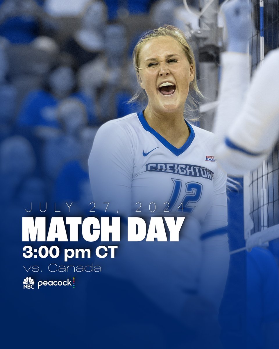 CreightonVB's tweet photo. TARYN'S FIRST OLYMPIC MATCH DAY

🆚 USA vs. Canada
⏰ 3:00pm CT
📺 NBC and Peacock

#GoJays x @tkloth10 https://t.co/cvwoZN38Za