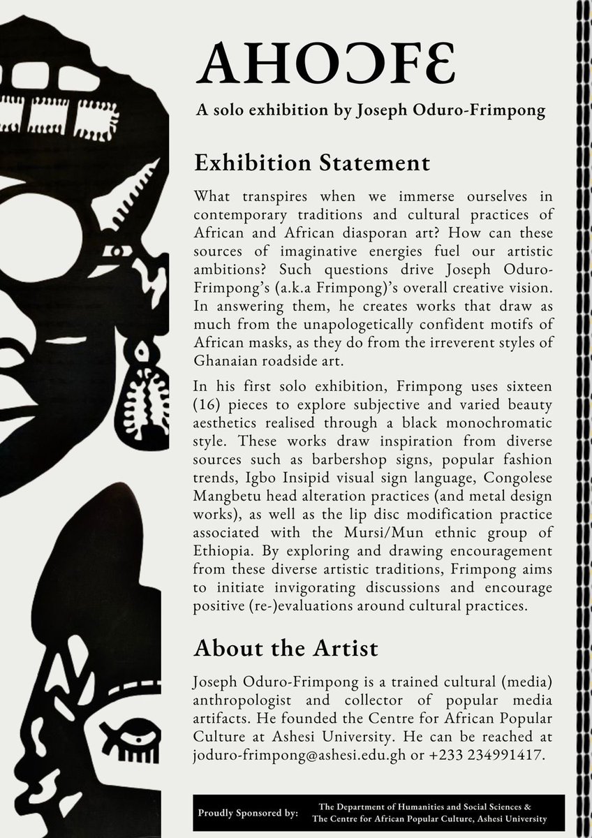 J. Oduro-Frimpong (@drodurofrimpong) on Twitter photo The Dept of Humanities and Social Sciences <a href="/Ashesi/">Ashesi University</a> proudly hosts my AHOƆFƐ art exhibition at the Centre for African Popular Culture. Official opening: 31st July, 2024 at 4.20pm. We hold an artist talk, 3-4pm same day at THE HIVE. I personally invite you to this event!! The Dept of Humanities and Social Sciences <a href="/Ashesi/">Ashesi University</a> proudly hosts my AHOƆFƐ art exhibition at the Centre for African Popular Culture. Official opening: 31st July, 2024 at 4.20pm. We hold an artist talk, 3-4pm same day at THE HIVE. I personally invite you to this event!!