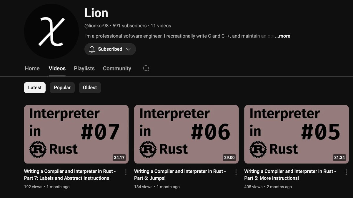 Some really good &amp; smaller Rust YT channels working on compilers I discovered this week:

- TomMarksTalksCodeLIVE
- lionkor98