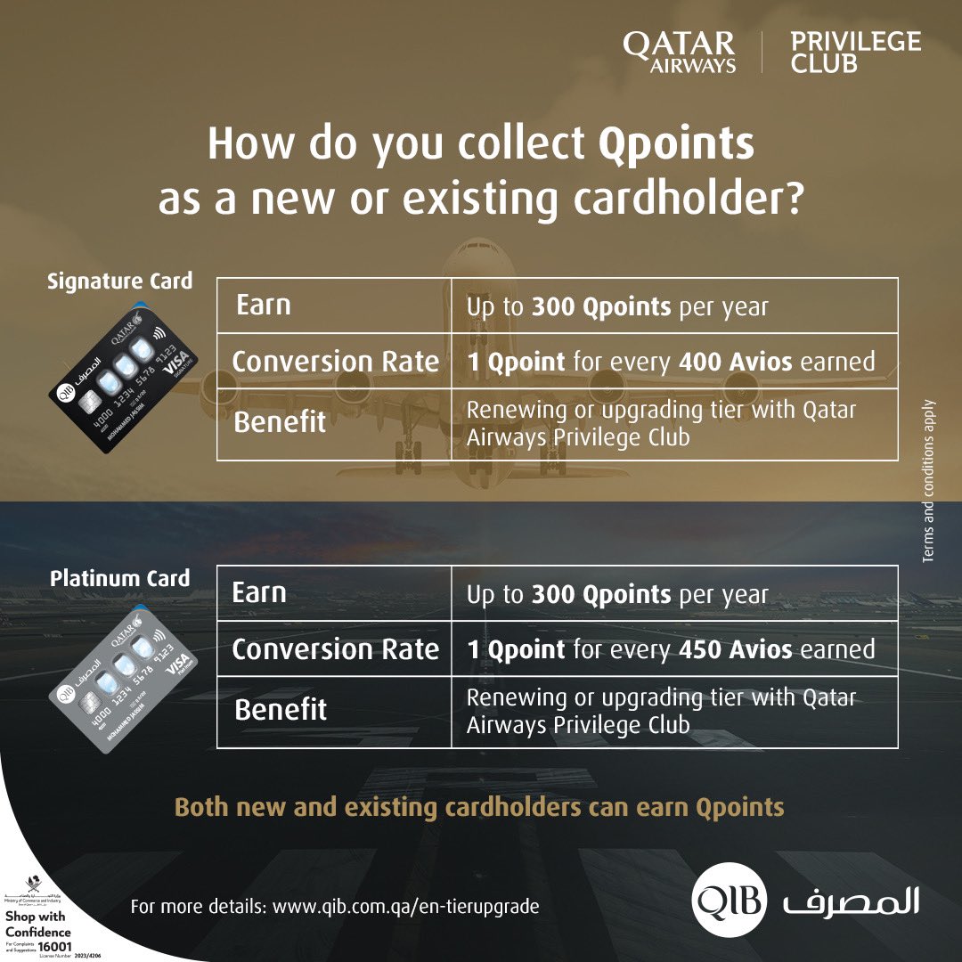 QIBGroup's tweet photo. Start earning #QPoints with your spends to level up to the next tier with your #QIB #QatarAirways Co-Branded #Visa Signature or Platinum credit card.
For details: https://t.co/niSHNGXMbh https://t.co/oT7EtBycNv