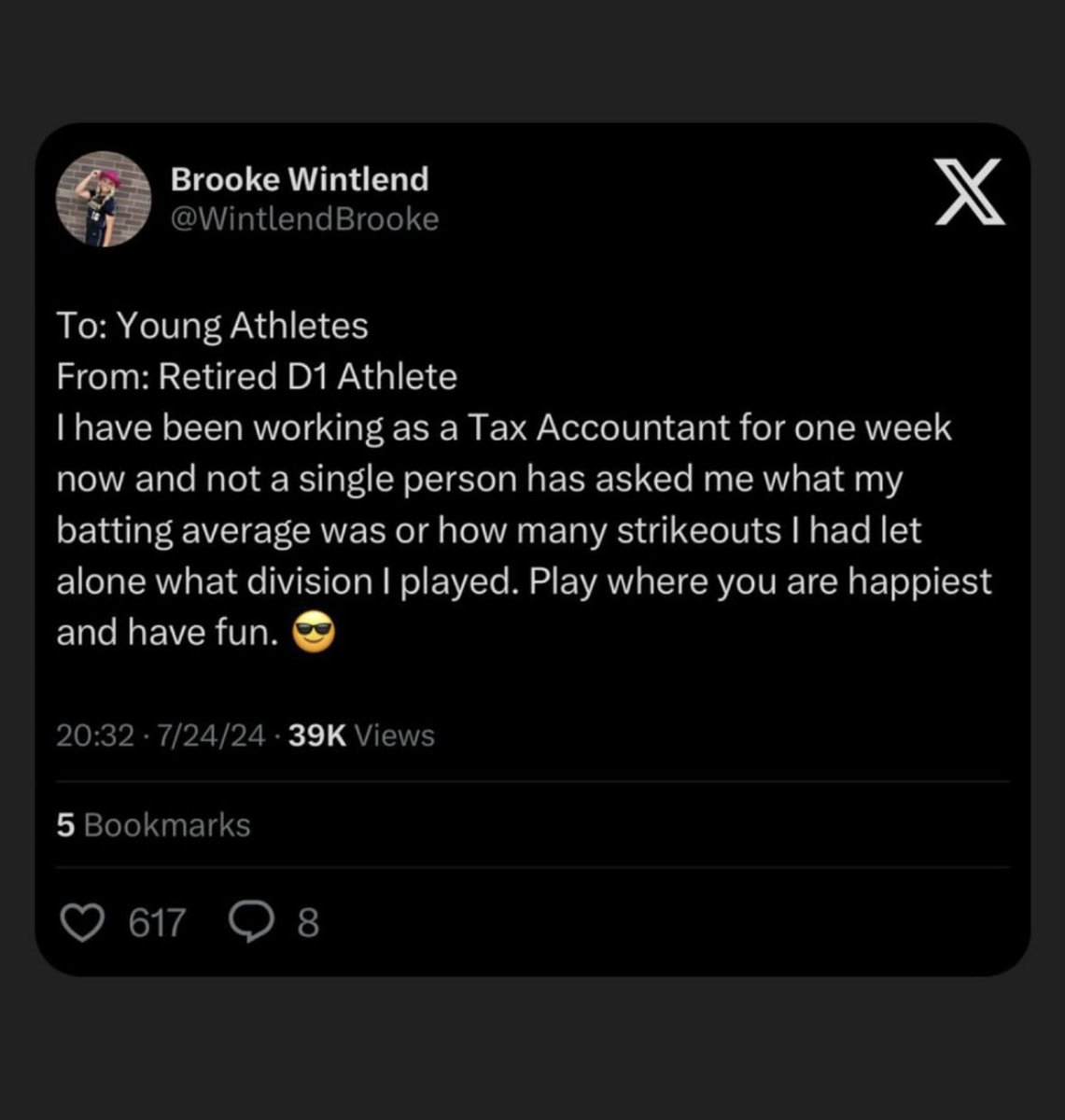 This right here is amazing advice. Being a former D1 athlete myself I can say this is so true. This is a 40 year decision not a 4 year decision 🥎