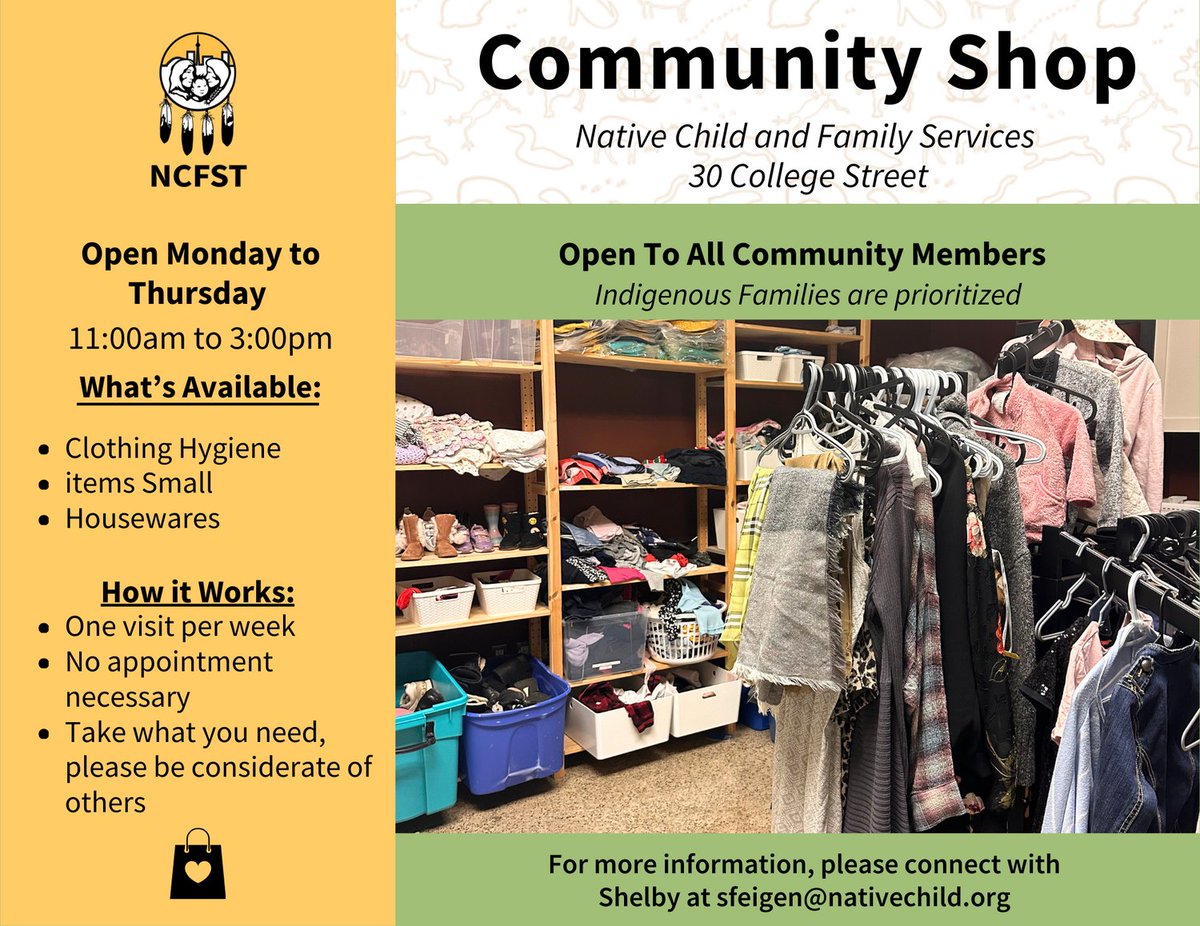 NCFST's tweet image. Visit our Community Shop at 30 College Street, open Monday to Thursday from 11:00 AM to 3:00 PM. No appointment necessary—just drop by once per week, take what you need!
We kindly ask that you be considerate of others. Looking forward to having you!

#NCFST #NativeChild #Toronto