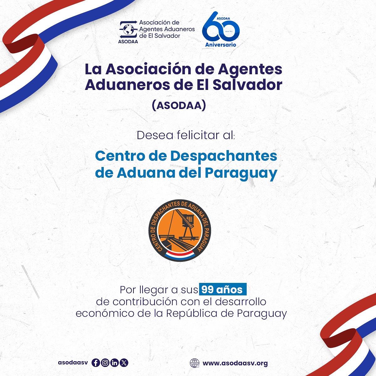 asodaasv's tweet image. 🥳¡Feliz 99 Aniversario, @cda_py !🎊
En este día especial, queremos celebrar y felicitar al Centro de Despachantes de Aduana del Paraguay por sus 99 años de importante contribución a la República del Paraguay 🇵🇾.
¡Muchas Felicidades! Y que cumplan muchos más 🎁🎈🥳