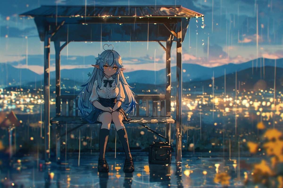 yasumin_ai's tweet photo. 雨の日のバス停 #LamyArt #nijijourney #AI #雪花ラミィ https://t.co/gZXYN4ihZ4