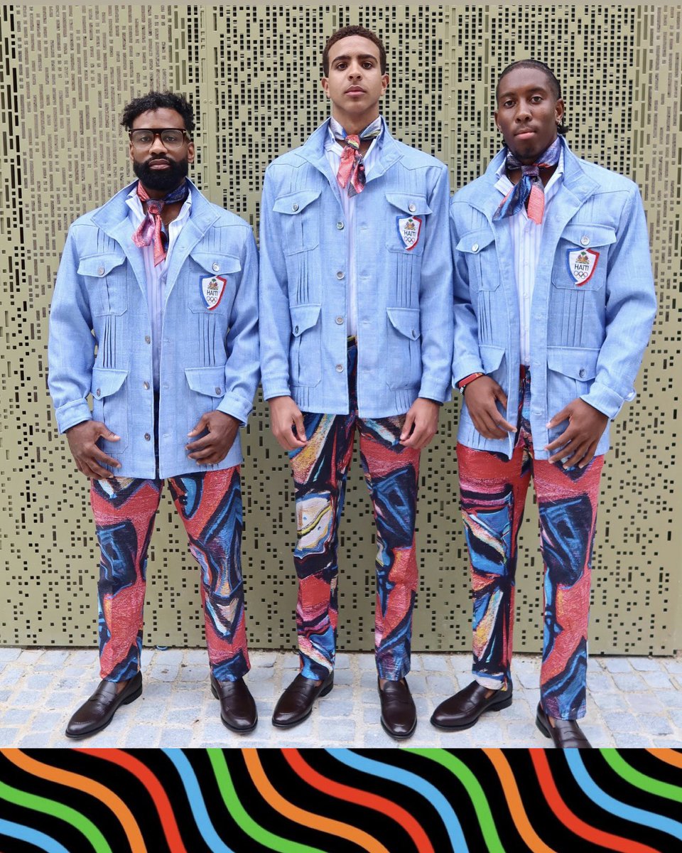 2005Daddyj's tweet photo. I'mma need one of these fast fashion sites to get on these Haiti pants. C'est de la mode haut de gamme. Gimme 2 pair. For real tho, Stella Jean bagged these up. Shouts to the artist Philippe Walter Marie Dodard 🔥🔥🔥#Olympics2024Paris #GoHaiti https://t.co/5dKeIXznnl
