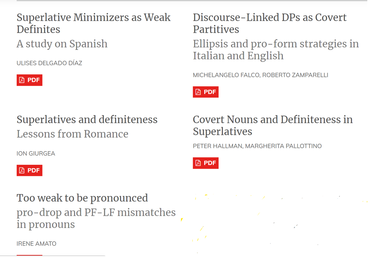 Isogloss_'s tweet photo. #RLLT22 is now complete! Articles on #superlatives, #definiteness, #pro-forms and more, by Delgado, Falco, Zamparelli, Giurgea, Hallman, Pallottino and Amato
Have a look: https://t.co/FiemgSxD7T https://t.co/M9f0xplPo7