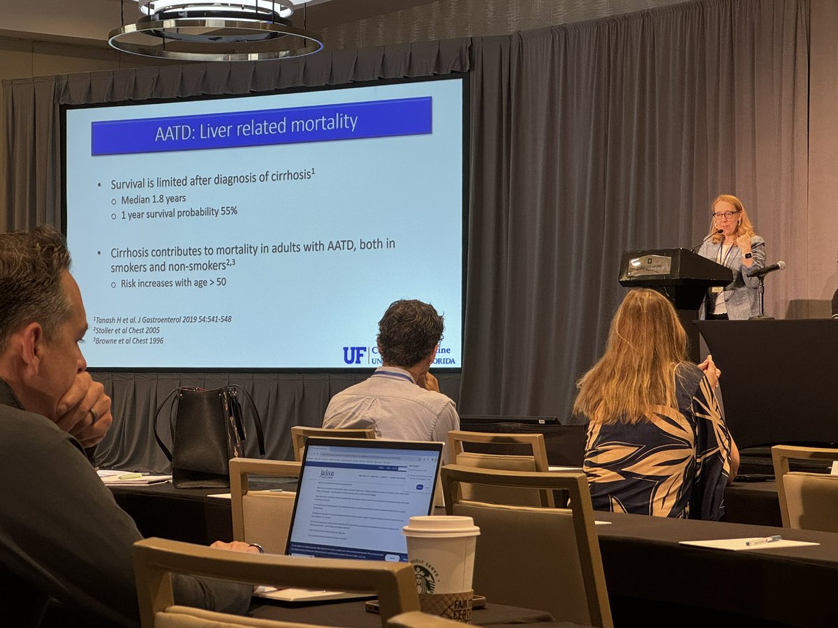 Juan Jose Gonzalez (@juanjgonmd) on Twitter photo Our amazing PD <a href="/GingerClarkMD/">GingerClarkMD</a> discussing alpha-1 antitrypsin deficiency:
-Liver steatosis is common in AATD
-Survival is limited after cirrhosis diagnosis
-Fazirsiran on phase 3 trial for AATD with fibrosis
Rare disease but important cause of illness and disability Our amazing PD <a href="/GingerClarkMD/">GingerClarkMD</a> discussing alpha-1 antitrypsin deficiency:
-Liver steatosis is common in AATD
-Survival is limited after cirrhosis diagnosis
-Fazirsiran on phase 3 trial for AATD with fibrosis
Rare disease but important cause of illness and disability