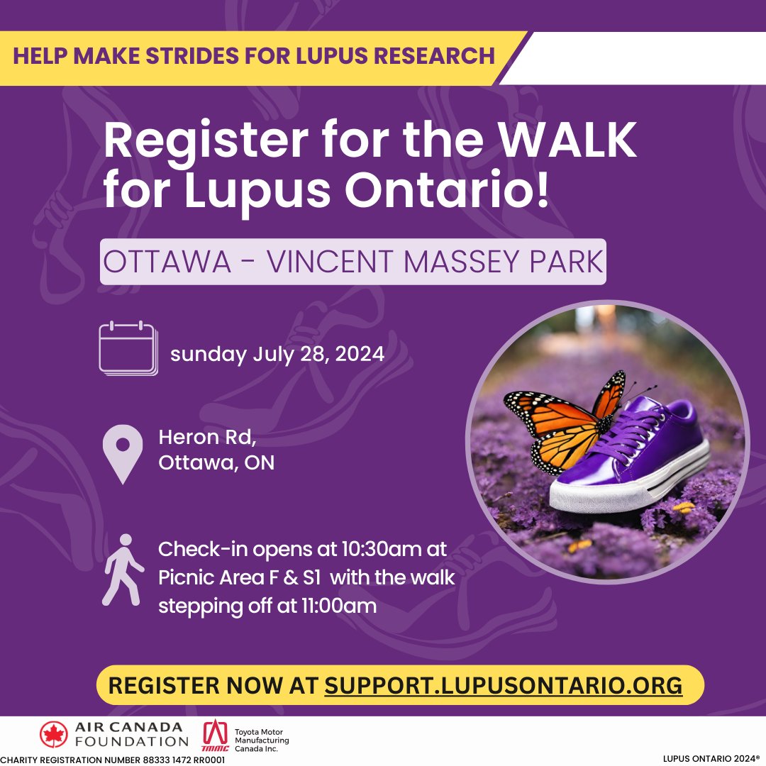 The WALK for OTTAWA is taking place TOMORROW at 10:30am!👣
All details are on the poster!

Register yourself to be a part of the of the WALK or participate by being a volunteer. Its not to late to register! Head over to SUPPORT.LUPUSONTARIO.ORG to register!

#WALK4LupusOntario