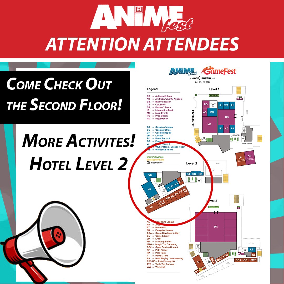 The second floor has paint and take, the mahjong parlor, roleplaying games, panel room 5, and the vtuber room! But the only way to get there is by taking the hotel elevators to the second floor!
animefest.org/convention-map/