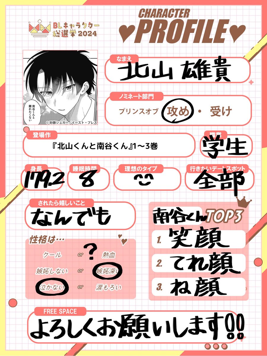 #BLキャラ総選挙2024 
3部門ノミネートされました👑
投票受付中ですのでよろしくお願いします🎉

🧡プリンスオブ攻め部門🧡
🗳️ https://t.co/Z1MFjf0yzm

💜プリンスオブ受け部門💜
🗳️ https://t.co/uSFGMpwBUS

💙ナイトオブサブキャラ部門💙
🗳️ https://t.co/wK2oeJktUj 