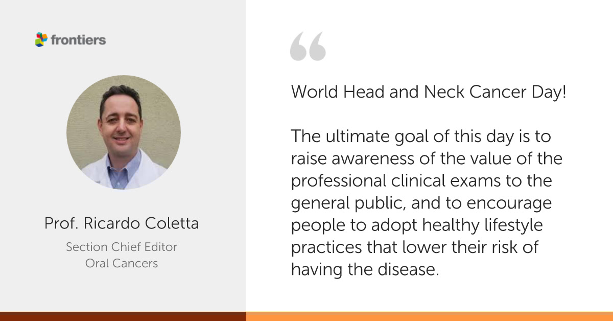 FrontOralHealth's tweet image. In light of World Head and Neck Cancer Day, we asked Prof. Ricardo Coletta (Specialty Chief Editor for Oral Caners) to say a few words.

New #ResearchTopics are open for submissions! #OpenAccess #FrontiersinOralHealth #CancerResearch #CallforPapers