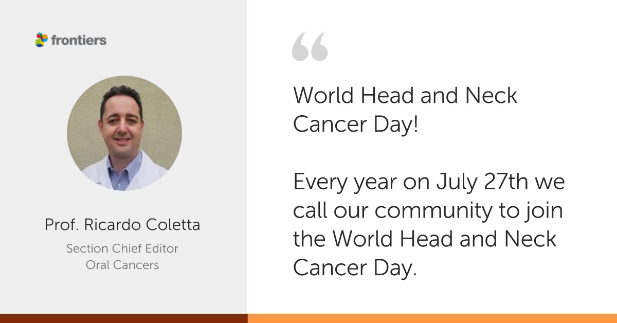 FrontOralHealth's tweet image. In light of World Head and Neck Cancer Day, we asked Prof. Ricardo Coletta (Specialty Chief Editor for Oral Caners) to say a few words.

New #ResearchTopics are open for submissions! #OpenAccess #FrontiersinOralHealth #CancerResearch #CallforPapers