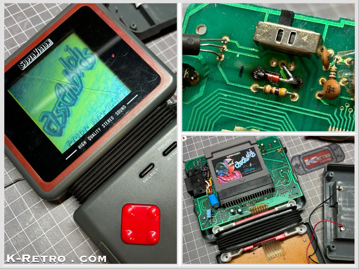 kretro_gaming's tweet photo. Replaced the burned out zener diode in this #Watara Supervision 9205 handheld and it powers up! Still no sound so a recap is next 🔋 We sell capacitor kits for these in the shop now 👉 https://t.co/w5KvBZBdPV
#RetroGaming #RetroConsoles #RetroMods #Electronics #HardwareHacking https://t.co/7usooS3PSH