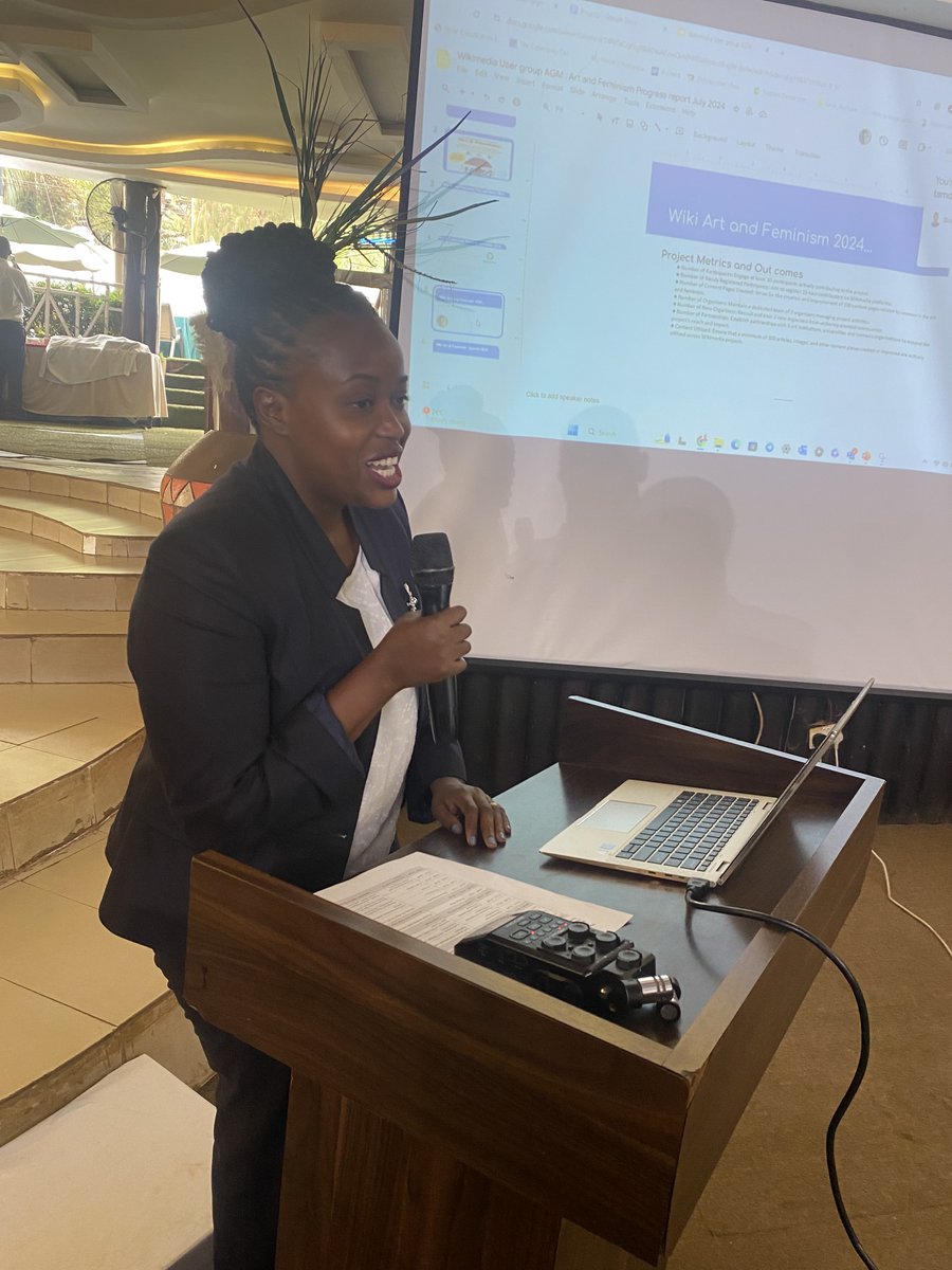 WikimediaUganda's tweet photo. @JulieAcom presenting about the progress of "Art and Feminism" which is a national story telling competition and how the Ugandan Creatives embraced it.

#WikiUganda10thAnniversary #WikiUganda https://t.co/szMzE79Vd9