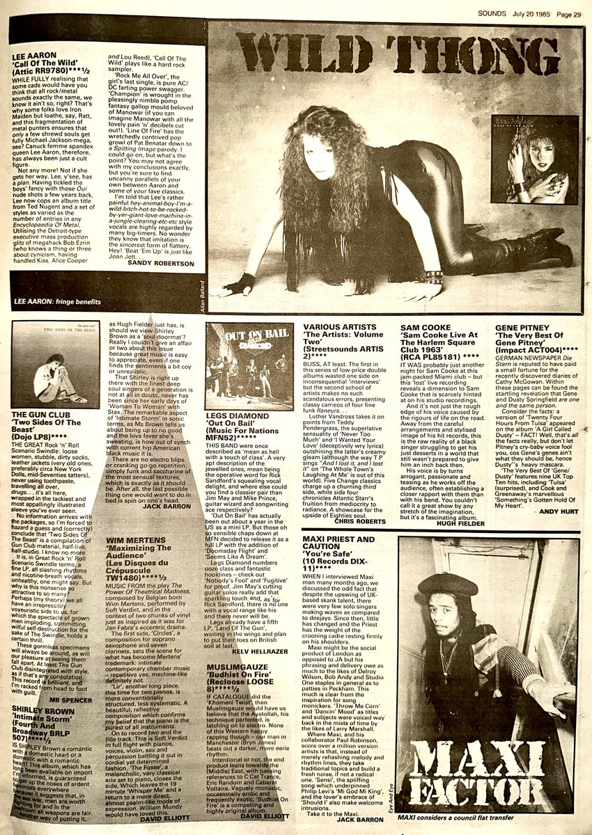 ZoundsAbound's tweet photo. 5⭐️ LP reviews for ‘Beyond The Mist’ by @robintrower from Steffan Chirazi, for ‘Project Mersh’ by #TheMinutemen from Dave Henderson & for ‘Out On Bail’ by #LegsDiamond from Kelv Hellrazer.
Sounds Jul 20th 1985 https://t.co/JtM4FC7aTy
