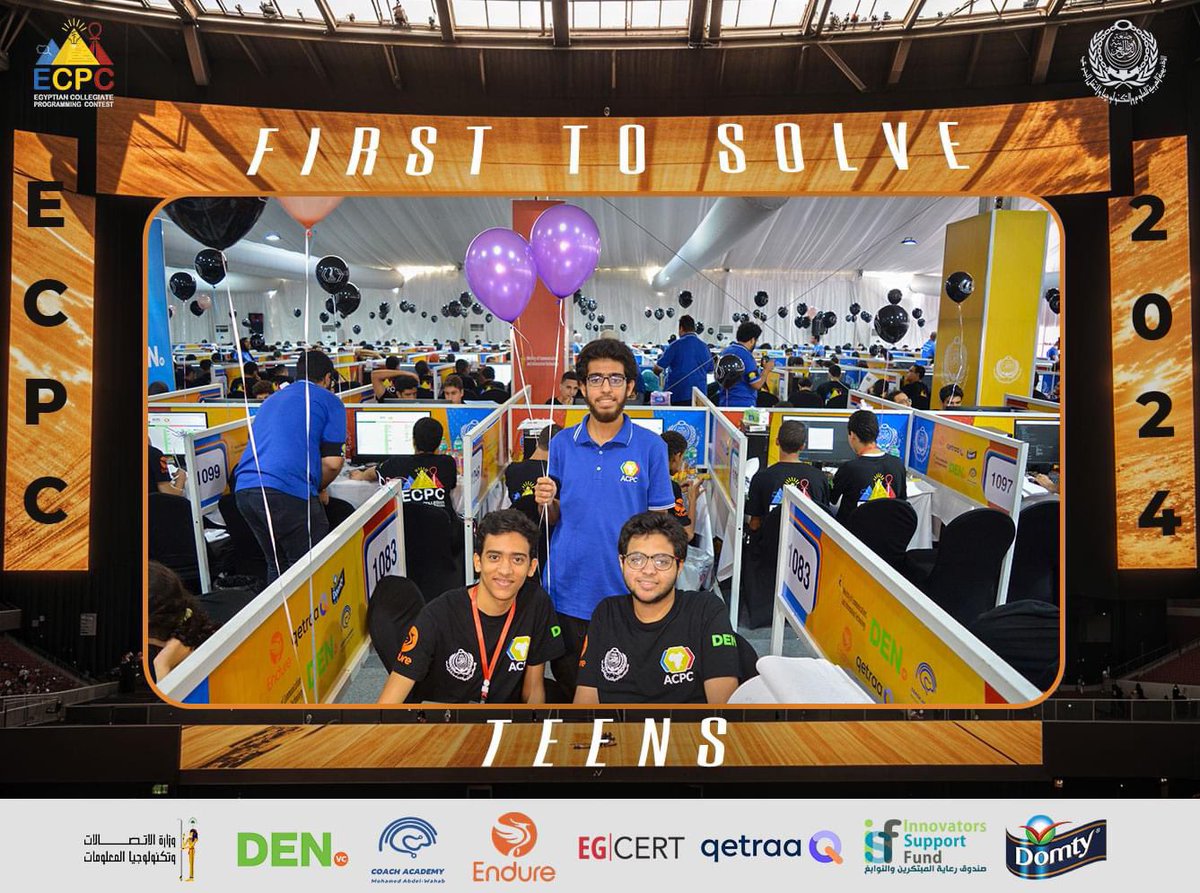 EcpcContest's tweet photo. “EOI- 404“ ( ECPC Teens) Is the first to solve problem I at the ECPC  Finals 😍👏
#ecpc2024 #acpc2024  #acpcnews #ACPC #ECPC2024 #AASTMT #minstryofcommunications  #endure #domty #ISF #qetraa #den https://t.co/DKgi3ixrmz