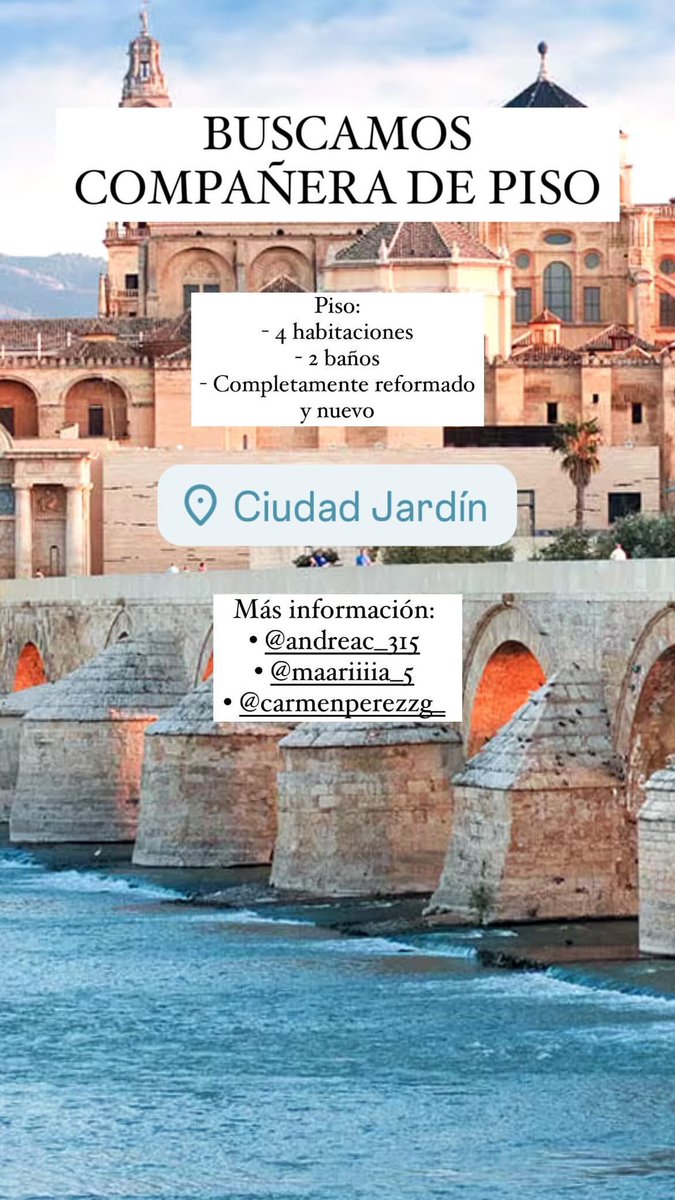 andreaac315's tweet photo. BUSCAMOS COMPAÑERA DE PISO!!
#queydondeestudiar2024 #pisosuco #uco #Cordoba #ucopisos 
@Maariiiia2005 https://t.co/2IRgmUNjRa