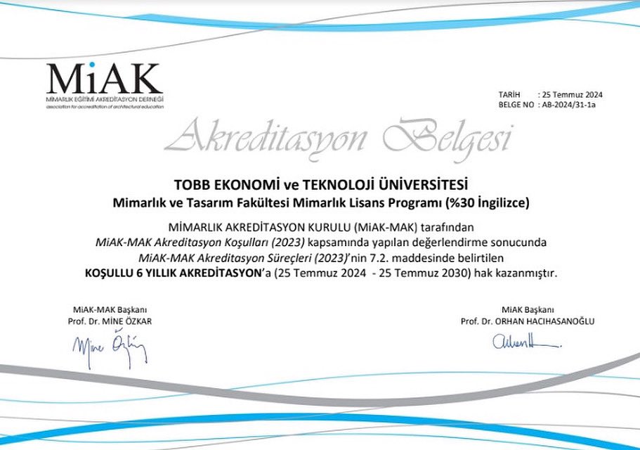 TOBB  ETÜ Mimarlık Bölümü olarak iki yıldır yürüttüğümüz akreditasyon sürecini başarıyla tamamladık. 25 Temmuz 2024 tarihi itibariyle MİAK-MAK değerlendirmesinin sonucunda, TOBB  ETÜ Mimarlık Bölümü altı yıllık bir akreditasyonu aldı.
<a href="/TOBBMimarlik/">TOBB ETÜ Mimarlık</a> <a href="/tobbetum/">TOBB ETÜ</a>  <a href="/TOBBiletisim/">TOBB</a>