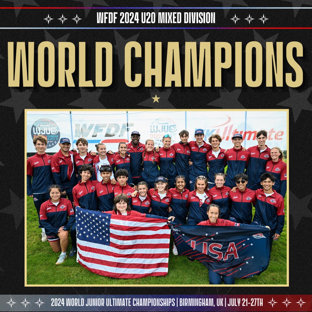 WORLD CHAMPIONS 🏆 For the first time ever in U-20 history, Team USA in the mixed division are gold medal winners!! 🇺🇸🇺🇸🇺🇸

History. Made. ✅🥇

#PullForUS | #USAUltimate | <a href="/wfdf_wjuc/">WFDF</a>