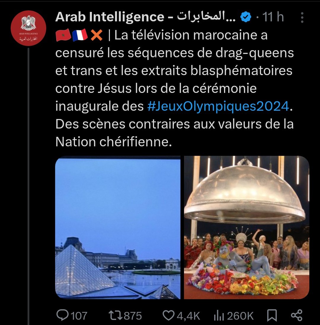 Da_5877's tweet photo. Même dans les pays musulmans cette scène a été censuré mais la seule chose que certains trouvent à dire c'est ''Faites pareil pour l'islam et mAhOmEt''
Vous n'êtes pas chrétiens vous êtes juste des impostures islamophobe.
#ceremoniedouverture #Paris2024 #Mila #JOdelaHonte https://t.co/cXzUH63sCt