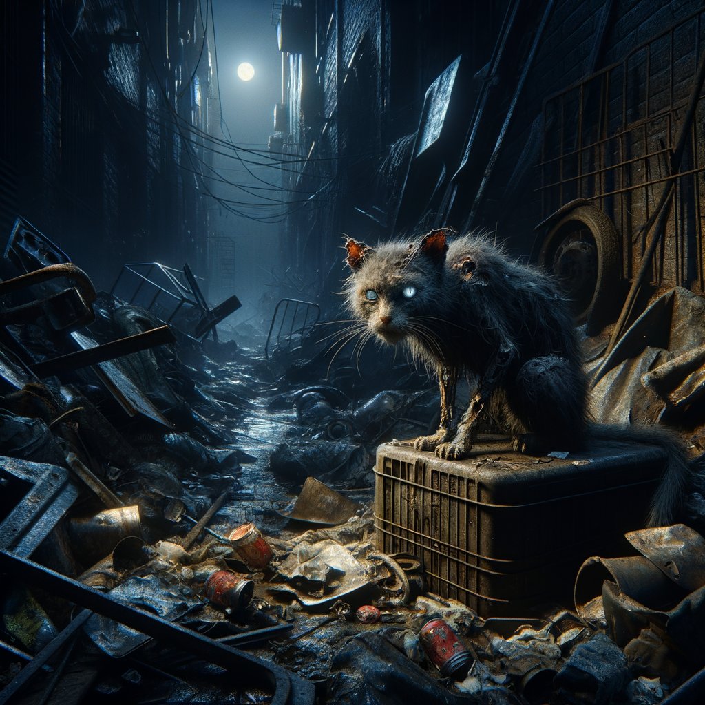 trashncorpses's tweet photo. In the twilight of decay, we find a feline symphony, each mangled meow a note in the Trashpunk Sonata. Embracing the absurdity of International Cat Day with a purr of desolation. #Trashpunk #CatDay #NecroticBeauty
 #trashncorpses https://t.co/WSuzd69T7O