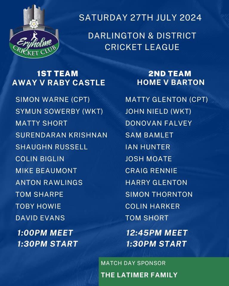 Teams for today.

This is the first of two games in 3 days at Raby Castle for the 1s, as they travel to today's hosts again on Monday night for the semi-final of the Cec Leece cup.

Thanks to the Latimer family for being this week's match day sponsor.

#UpTheHolme