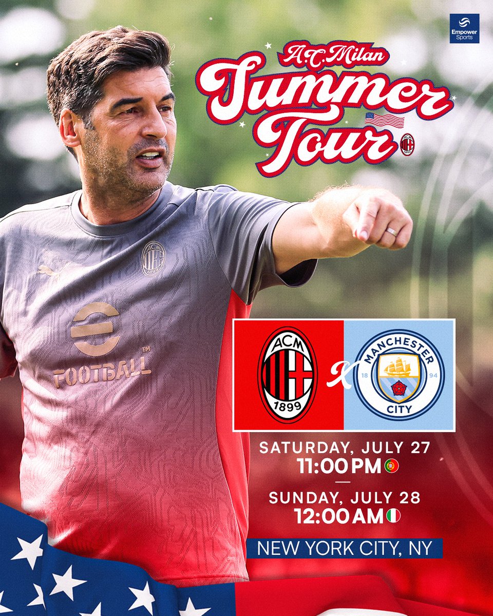EmpowerSportsHQ's tweet photo. NYC! 🗽 Are you ready for #FonsecaStyle? 😄💥 @PFonsecaCoach and @acmilan kick off their USA tour with a huge fixture against Manchester City. One not to miss! 👀

#MilanOnTour #SempreMilan #PauloFonseca #ACMilan #ForzaMilan #EmpowerSports https://t.co/Ke3XknxByf